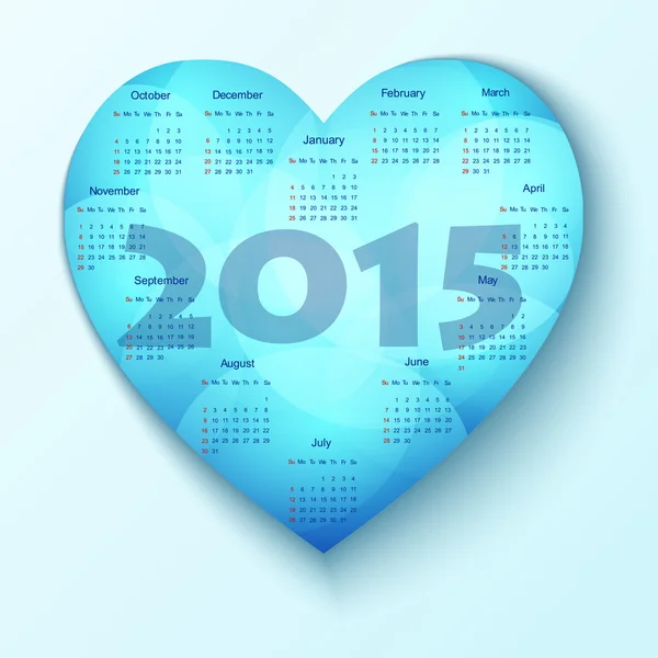 Šablona návrhu 2015 kalendáře srdce - začátek týdne neděle — Stock fotografie