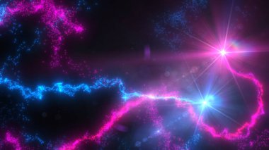 Mavi ve Pembe Dalgalı Işık Çizgileri Türbülans Parçacıkları ve Lens Fişekleri, Geniş Ekran 4K Çözünürlük