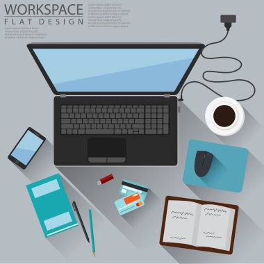 Ofis çalışma alanı bilgisayar üstten görünüm düz tasarım