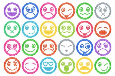 Smiley simgeleri renkli kalem gölgelendirme efekti kümesi