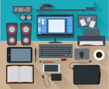 Konsept çalışma alanı Office bilgisayar düz tasarımı