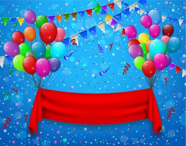 Red ribbon flying with balloons in party blue background