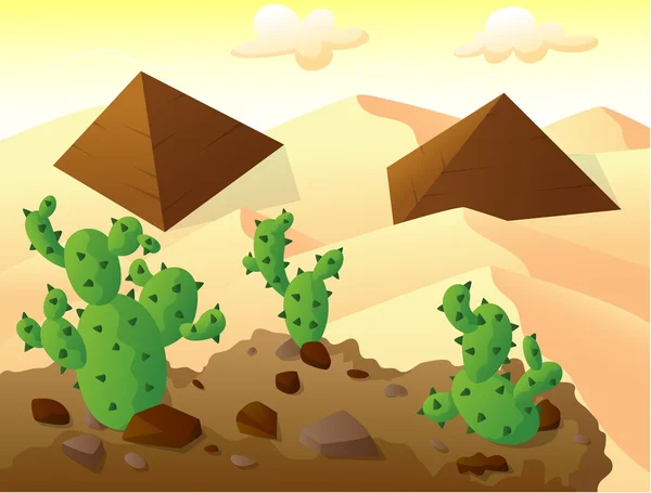 Cactus en la cima de una colina con dos pirámides — Vector de stock