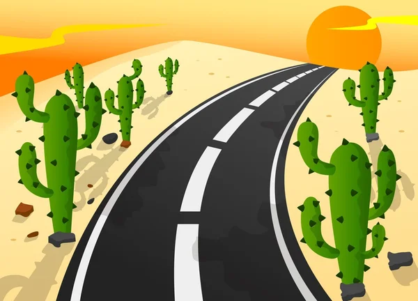 Camino de asfalto en desierto de arena con paisaje de cactus — Vector de stock