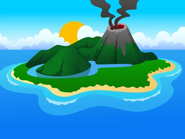Vulcões e um pequeno lago em uma bela ilha — Vetor de Stock
