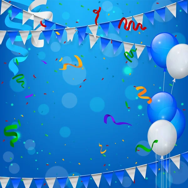 Feliz cumpleaños con globos, cinta de confeti y banderas triangulares en fondo azul — Archivo Imágenes Vectoriales