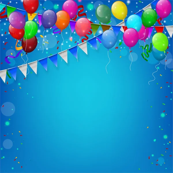 Mutlu doğum günü partisi balonlar ve kurdeleler arka plan ile — Stok Vektör