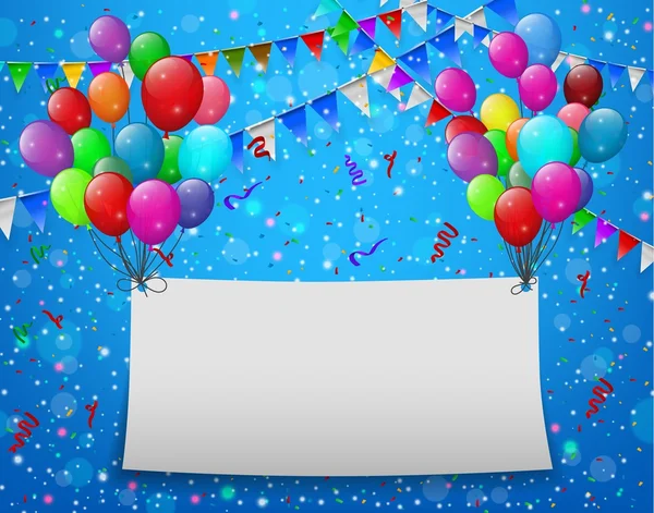 Flygande ballonger med papper och plats för text blå bakgrund — Stock vektor