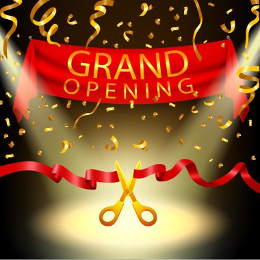 Grand opening background with spotlight and gold confetti clipart