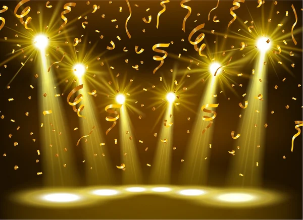 Spotlight brilhando no estágio vazio com confetis de ouro — Vetor de Stock
