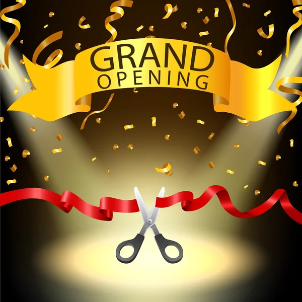 Grand opening achtergrond met spotlight en goud confetti — Stockvector