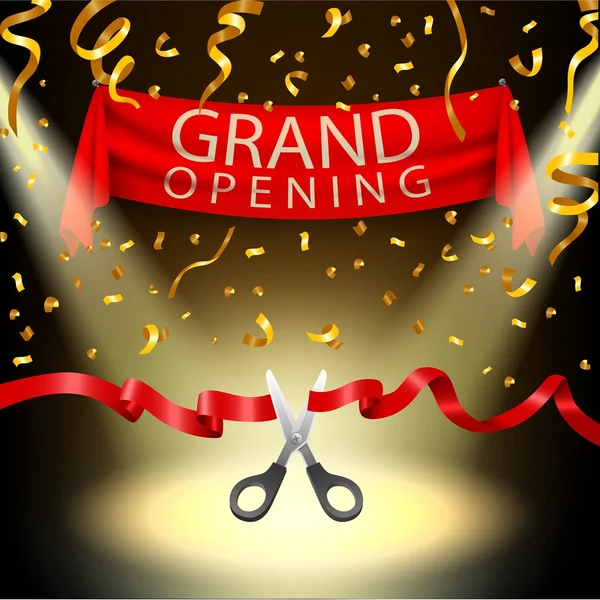 Grand opening achtergrond met spotlight en goud confetti — Stockvector