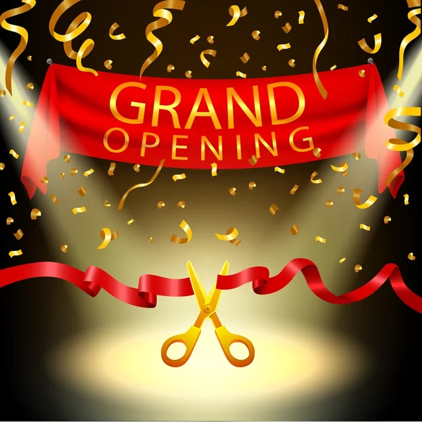 Grand opening achtergrond met spotlight en goud confetti — Stockvector