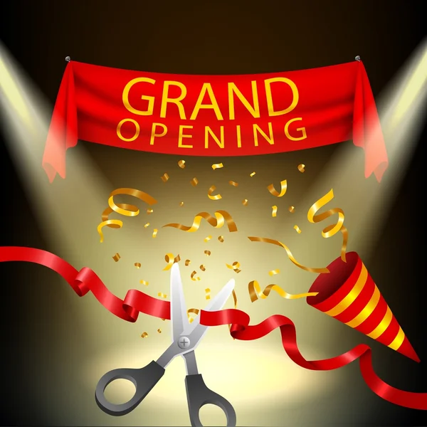 Grand Opening Hintergrund mit Popper und Goldkonfetti — Stockvektor