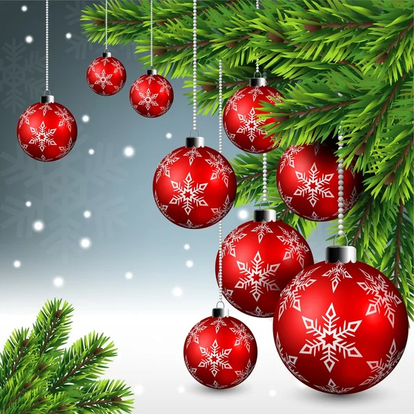 Bola roja de Navidad colgando de hojas de pino en el fondo de invierno — Vector de stock