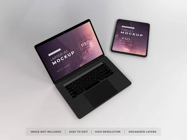 Ρεαλιστικό Πρότυπο Mockup Συσκευών Lap Top Και Tablet — Φωτογραφία Αρχείου