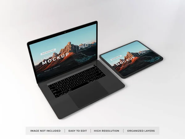 Ρεαλιστικό Πρότυπο Mockup Συσκευών Lap Top Και Tablet — Φωτογραφία Αρχείου