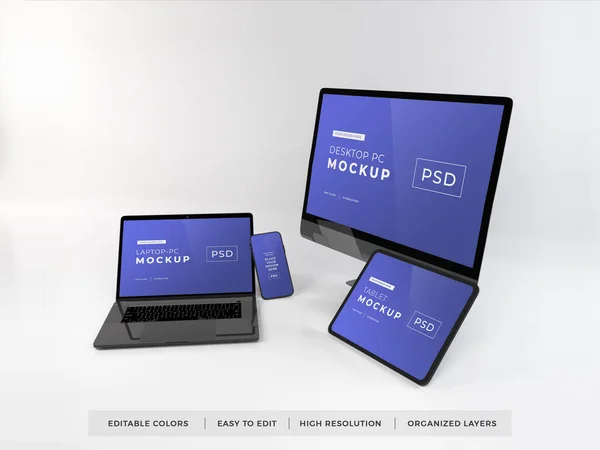 Ρεαλιστικό Mockup Των Πολλαπλών Responsive Devices Εικονογράφηση Απομονωμένο Φόντο — Φωτογραφία Αρχείου