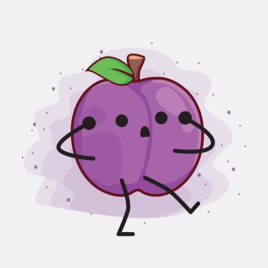 İzole Arkaplanda Erik Meyvesi Karakteri 'nin şirin yüzü, basit el ve bacak çizgisi sanatı. Düz çizgi film karalama tarzı.