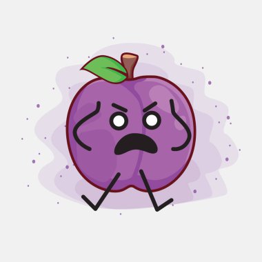 İzole Arkaplanda Erik Meyvesi Karakteri 'nin şirin yüzü, basit el ve bacak çizgisi sanatı. Düz çizgi film karalama tarzı.