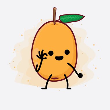 Loquat Fruit Karakteri 'nin Güzel Yüzü, Basit Elleri ve Bacak Çizgisi Sanatı İzole Arkaplanda. Düz çizgi film karalama tarzı.