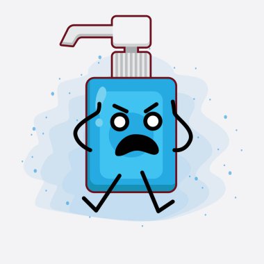 El Dezenfekte Edici Karakteri 'nin güzel yüzü, basit el ve bacak çizgisi sanatı izole edilmiş arka planda. Düz çizgi film karalama tarzı.