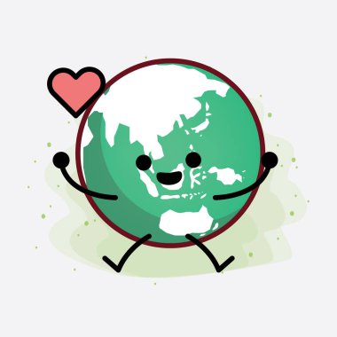 İzole Arkaplanda Dünya Küre Karakteri 'nin şirin yüzü, basit elleri ve bacak çizgisi sanatı olan Vektör İllüstrasyonu. Düz çizgi film karalama tarzı.