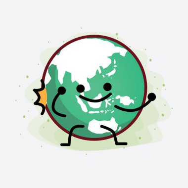 İzole Arkaplanda Dünya Küre Karakteri 'nin şirin yüzü, basit elleri ve bacak çizgisi sanatı olan Vektör İllüstrasyonu. Düz çizgi film karalama tarzı.