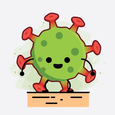 Yeşil Virüs Karakteri 'nin güzel yüzlü, basit elli ve bacak çizgisi resimli tasviri izole edilmiş arka planda. Düz çizgi film karalama tarzı.