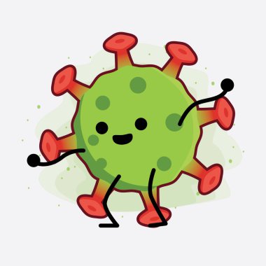 Yeşil Virüs Karakteri 'nin güzel yüzlü, basit elli ve bacak çizgisi resimli tasviri izole edilmiş arka planda. Düz çizgi film karalama tarzı.