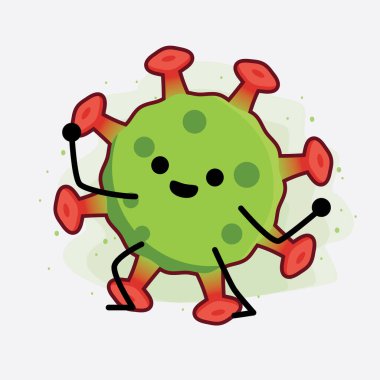 Yeşil Virüs Karakteri 'nin güzel yüzlü, basit elli ve bacak çizgisi resimli tasviri izole edilmiş arka planda. Düz çizgi film karalama tarzı.