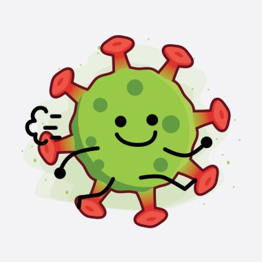 Yeşil Virüs Karakteri 'nin güzel yüzlü, basit elli ve bacak çizgisi resimli tasviri izole edilmiş arka planda. Düz çizgi film karalama tarzı.