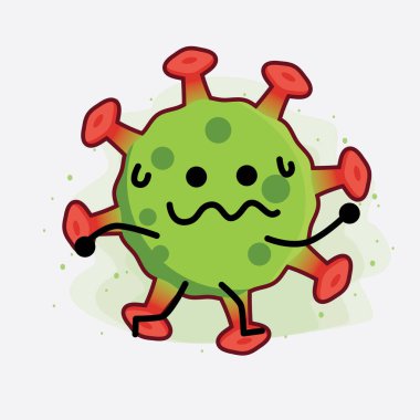 Yeşil Virüs Karakteri 'nin güzel yüzlü, basit elli ve bacak çizgisi resimli tasviri izole edilmiş arka planda. Düz çizgi film karalama tarzı.