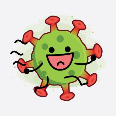 Yeşil Virüs Karakteri 'nin güzel yüzlü, basit elli ve bacak çizgisi resimli tasviri izole edilmiş arka planda. Düz çizgi film karalama tarzı.