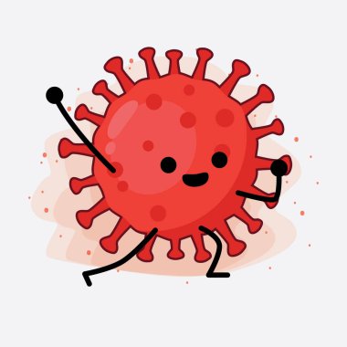 Kırmızı Virüs Karakterinin Güzel Yüzü, Basit El ve Bacak Çizgisi Sanatı İzole Arkaplanda. Düz çizgi film karalama tarzı.