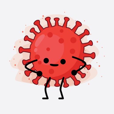 Kırmızı Virüs Karakterinin Güzel Yüzü, Basit El ve Bacak Çizgisi Sanatı İzole Arkaplanda. Düz çizgi film karalama tarzı.