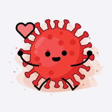 Kırmızı Virüs Karakterinin Güzel Yüzü, Basit El ve Bacak Çizgisi Sanatı İzole Arkaplanda. Düz çizgi film karalama tarzı.