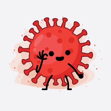 Kırmızı Virüs Karakterinin Güzel Yüzü, Basit El ve Bacak Çizgisi Sanatı İzole Arkaplanda. Düz çizgi film karalama tarzı.