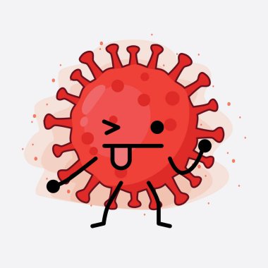 Kırmızı Virüs Karakterinin Güzel Yüzü, Basit El ve Bacak Çizgisi Sanatı İzole Arkaplanda. Düz çizgi film karalama tarzı.