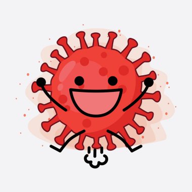 Kırmızı Virüs Karakterinin Güzel Yüzü, Basit El ve Bacak Çizgisi Sanatı İzole Arkaplanda. Düz çizgi film karalama tarzı.