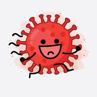 Kırmızı Virüs Karakterinin Güzel Yüzü, Basit El ve Bacak Çizgisi Sanatı İzole Arkaplanda. Düz çizgi film karalama tarzı.