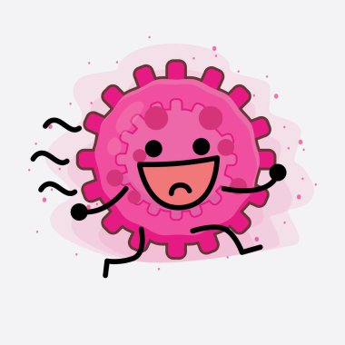 Pembe Virüs Karakterinin Güzel Yüzlü Vektör İllüstrasyonu, İzole Arkaplanda Basit El ve Bacak Çizgisi Sanatı. Düz çizgi film karalama tarzı.