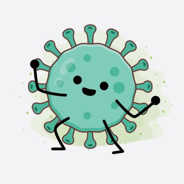 Virüs Karakteri 'nin güzel yüzlü, basit el ve bacak çizgisi resimli tasviri izole bir arka planda. Düz çizgi film karalama tarzı.