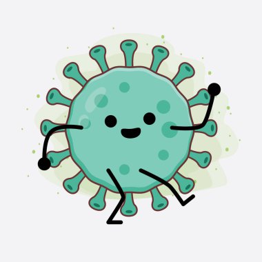 Virüs Karakteri 'nin güzel yüzlü, basit el ve bacak çizgisi resimli tasviri izole bir arka planda. Düz çizgi film karalama tarzı.