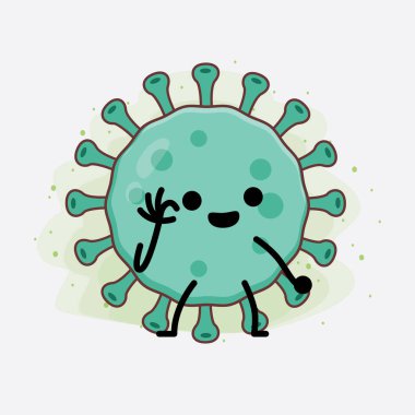 Virüs Karakteri 'nin güzel yüzlü, basit el ve bacak çizgisi resimli tasviri izole bir arka planda. Düz çizgi film karalama tarzı.