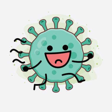 Virüs Karakteri 'nin güzel yüzlü, basit el ve bacak çizgisi resimli tasviri izole bir arka planda. Düz çizgi film karalama tarzı.