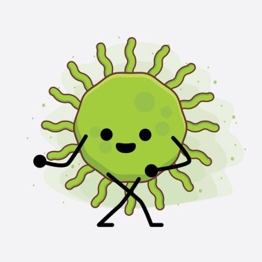 Virüs Karakteri 'nin güzel yüzlü, basit el ve bacak çizgisi resimli tasviri izole bir arka planda. Düz çizgi film karalama tarzı.