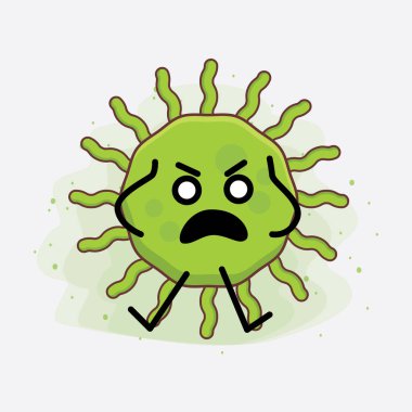 Virüs Karakteri 'nin güzel yüzlü, basit el ve bacak çizgisi resimli tasviri izole bir arka planda. Düz çizgi film karalama tarzı.