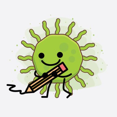 Virüs Karakteri 'nin güzel yüzlü, basit el ve bacak çizgisi resimli tasviri izole bir arka planda. Düz çizgi film karalama tarzı.