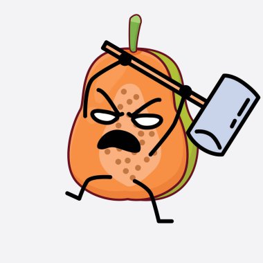 Papaya Meyve Karakterinin Güzel Yüzü, Basit El ve Bacak Çizgisi Sanatı İzole Arkaplanda. Düz çizgi film karalama tarzı.